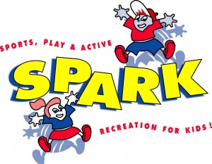 SPARK icon with 2 jumping children and lettering: Sports, Play & Active Recreation for Kids!